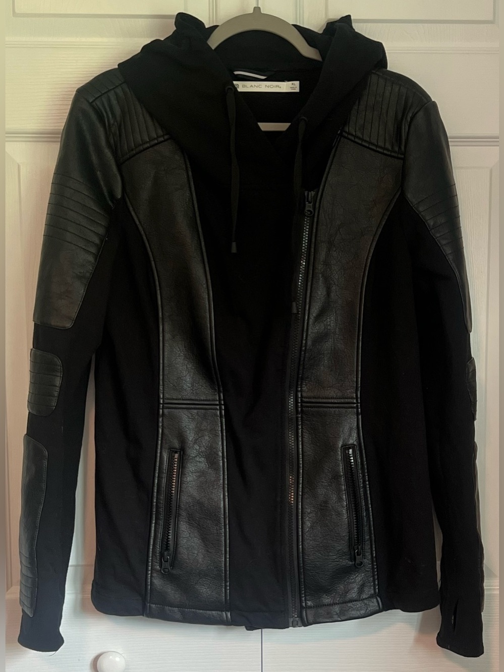 Blanc Noir Vegan Leather Hooded Moto Jacket in Black